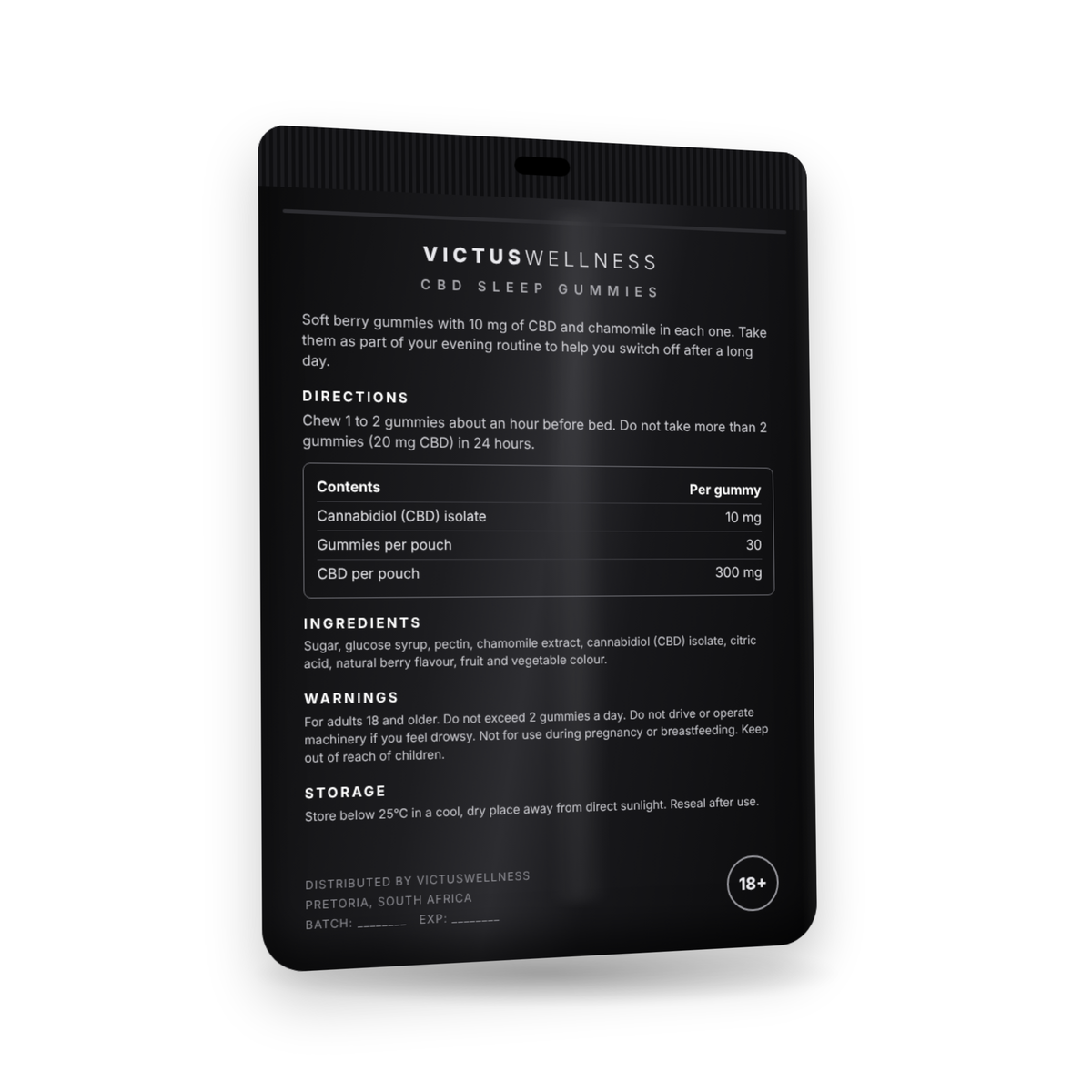 VictusWellness CBD Sleep Gummies pouch, back: directions, ingredients and warnings