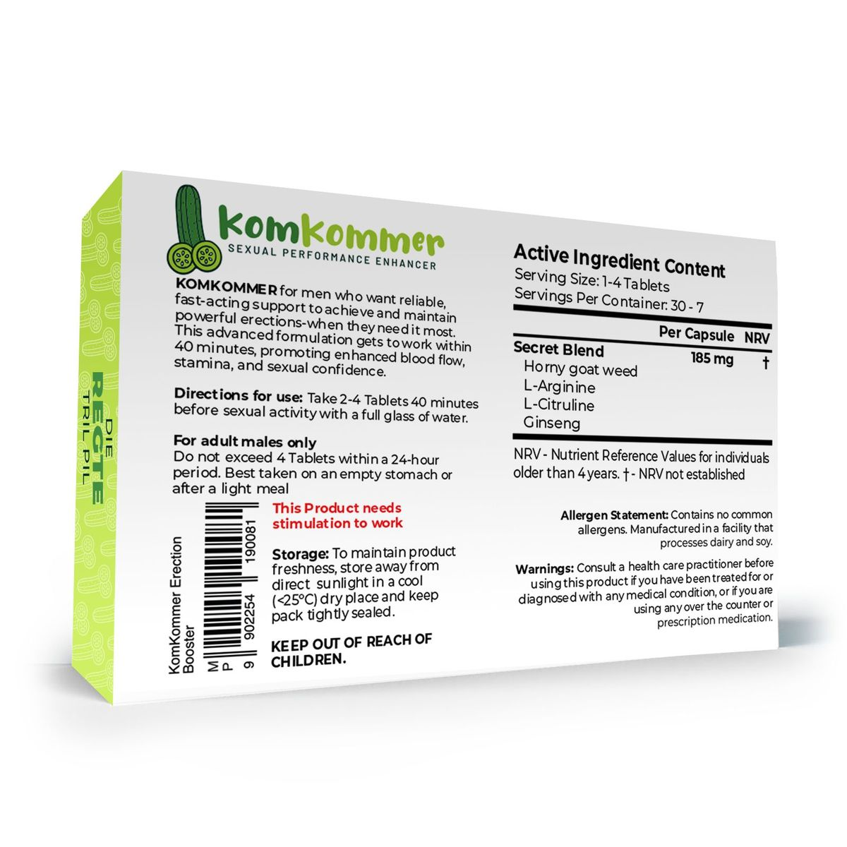 KomKommer box, back: directions, ingredients and warnings